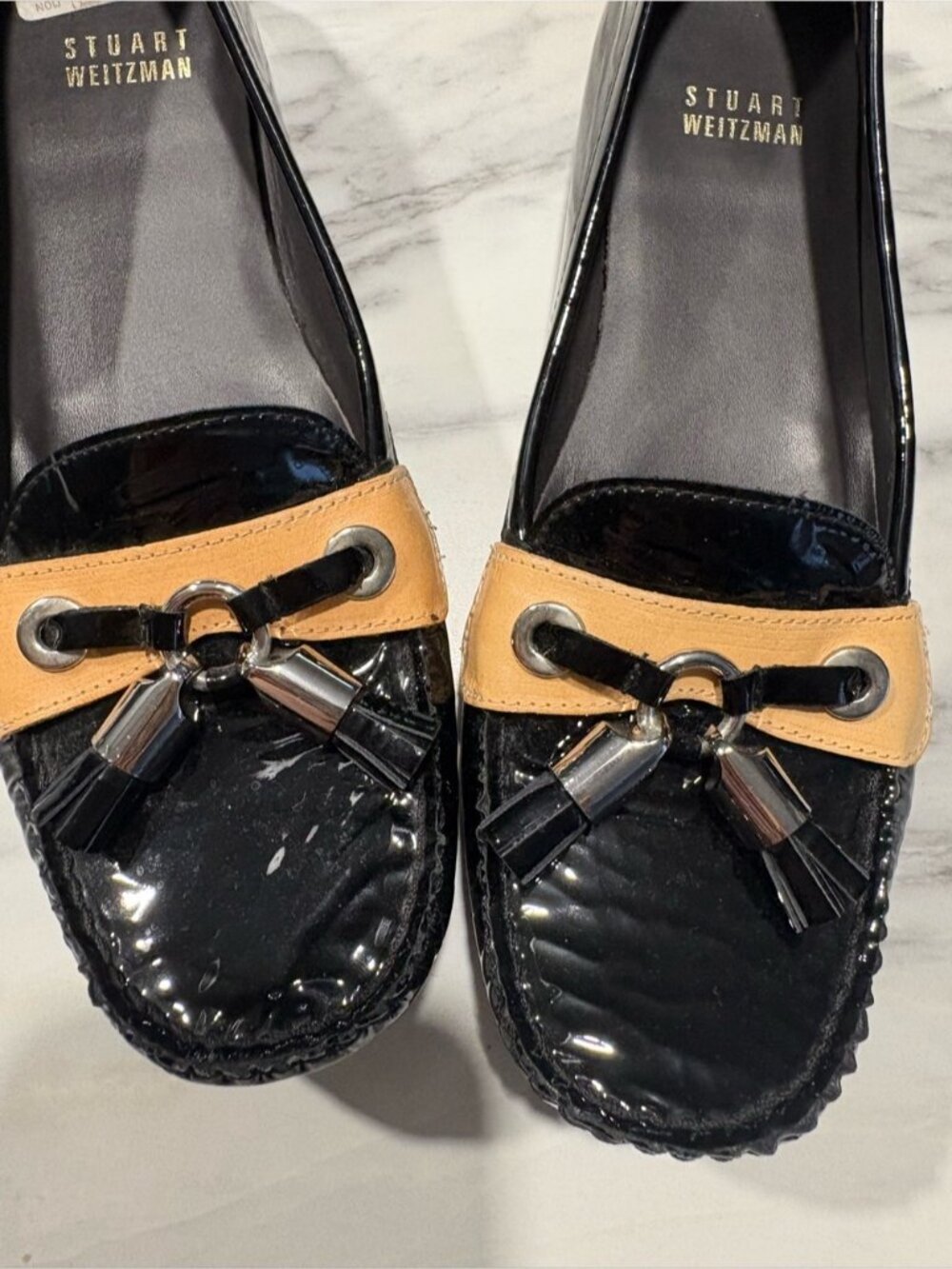 Stuart Weitzman Black Patent Loafers with Tan Trim and Tassels - Picture 11 of 11